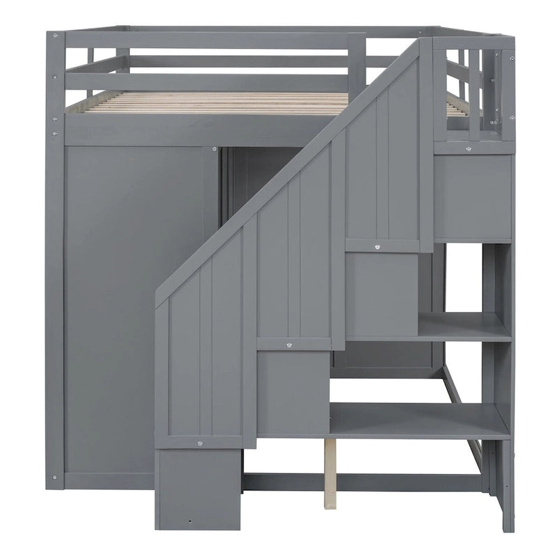 Lit mezzanine en bois gris/blanc avec armoire, tiroirs et escalier, pour 1 personne