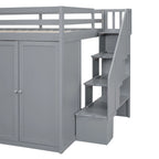 Lit mezzanine en bois gris/blanc avec armoire, tiroirs et escalier, pour 1 personne