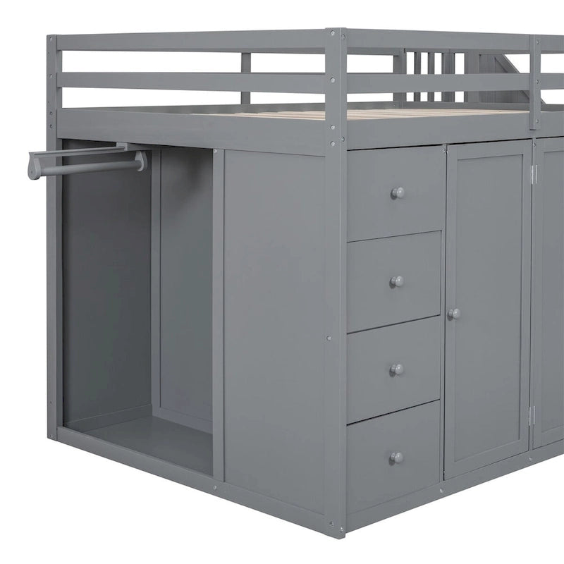 Lit mezzanine en bois gris/blanc avec armoire, tiroirs et escalier, pour 1 personne