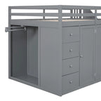 Lit mezzanine en bois gris/blanc avec armoire, tiroirs et escalier, pour 1 personne