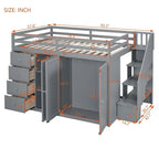 Lit mezzanine en bois gris/blanc avec armoire, tiroirs et escalier, pour 1 personne