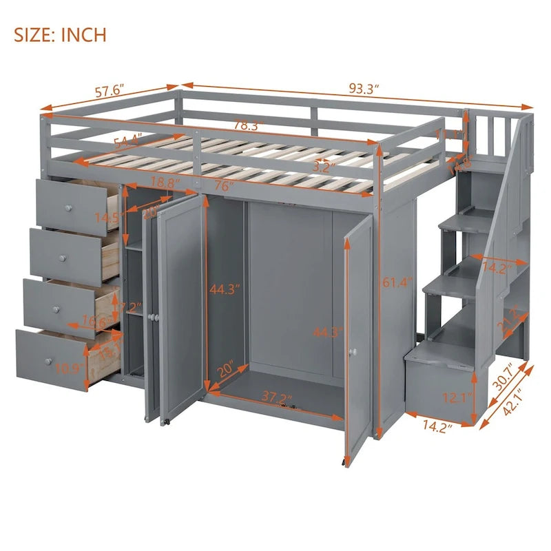 Lit mezzanine en bois gris/blanc avec armoire, tiroirs et escalier, pour 1 personne