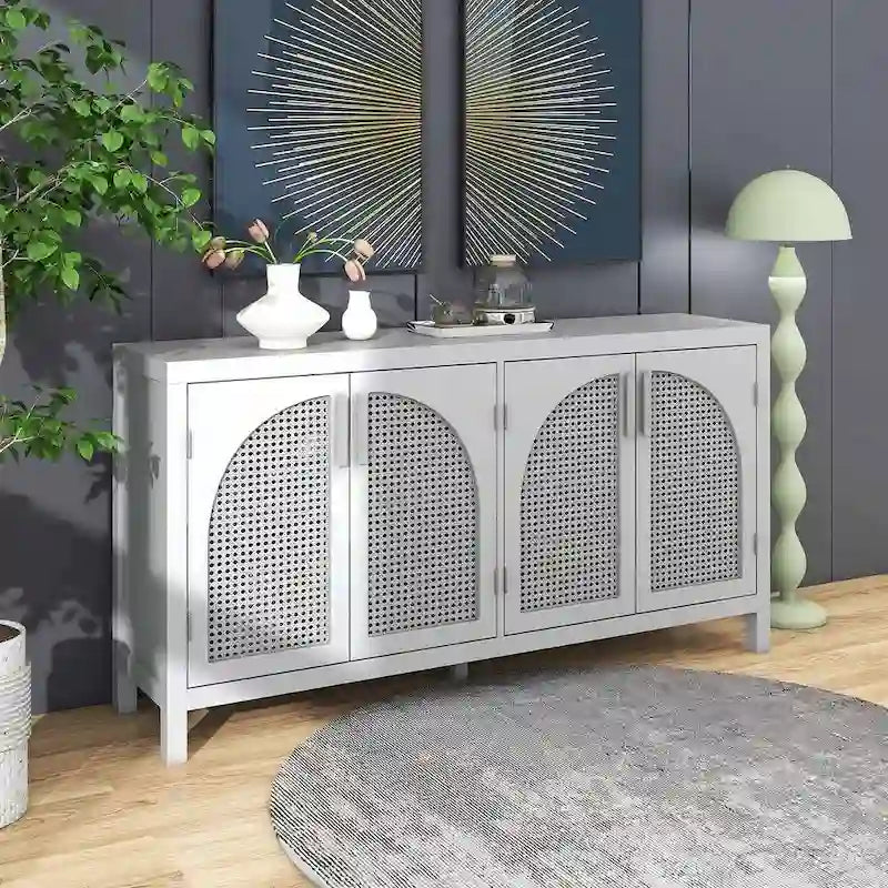 Bahut en rotin 4 portes gris/noir/blanc, montage par 1 personne