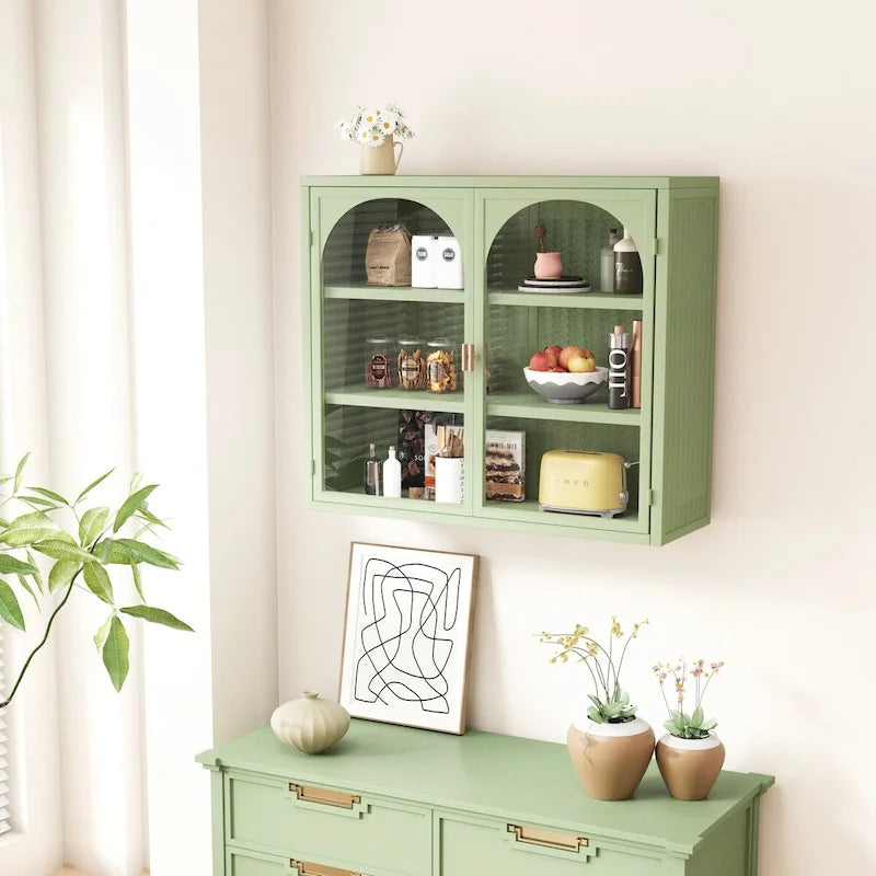 Armoire vitrée 2 portes verte/blanche/noire avec motif tressé, 3 niveaux de rangement