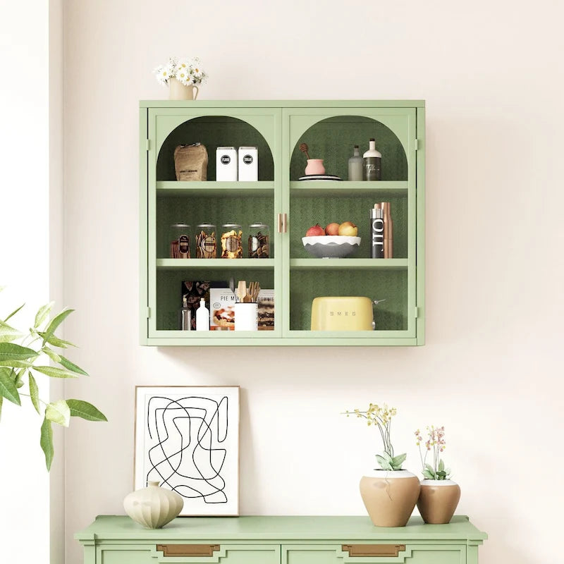Armoire vitrée 2 portes verte/blanche/noire avec motif tressé, 3 niveaux de rangement