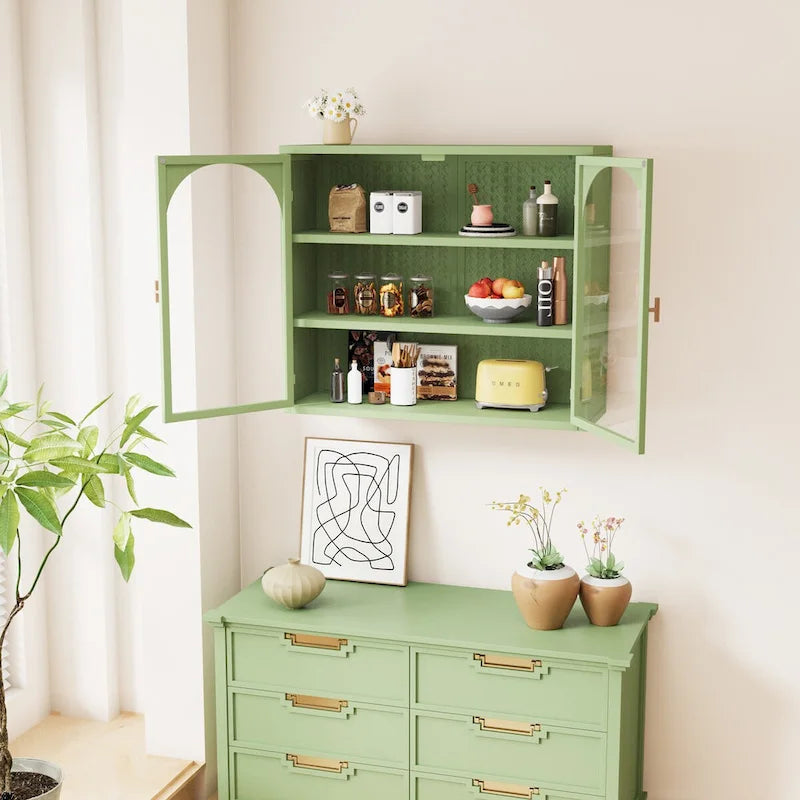 Armoire vitrée 2 portes verte/blanche/noire avec motif tressé, 3 niveaux de rangement