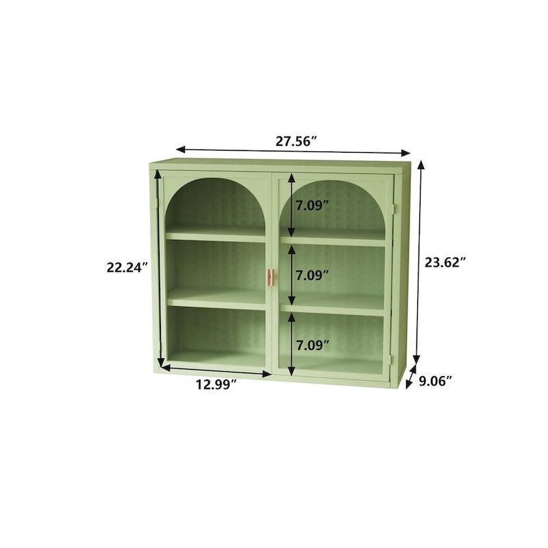 Armoire vitrée 2 portes verte/blanche/noire avec motif tressé, 3 niveaux de rangement