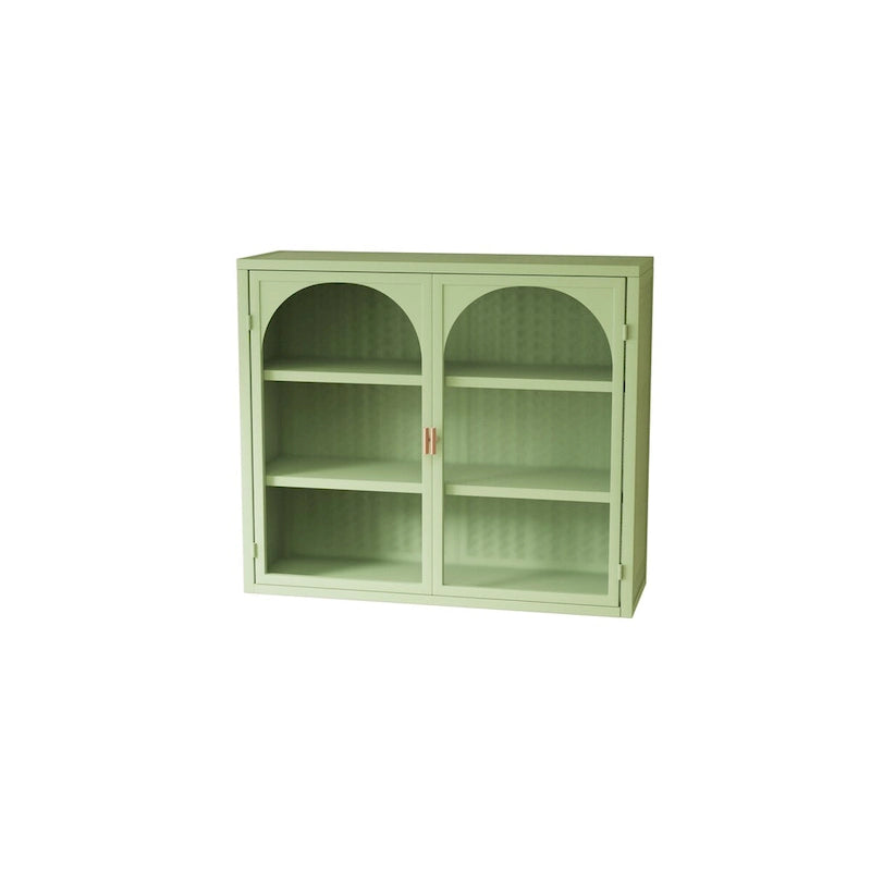 Armoire vitrée 2 portes verte/blanche/noire avec motif tressé, 3 niveaux de rangement