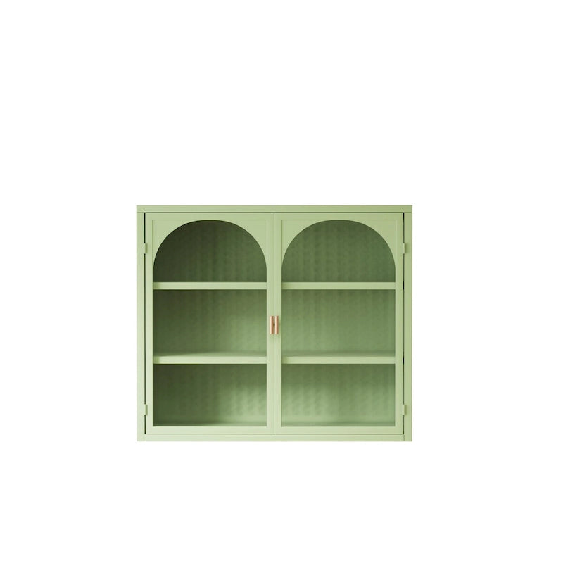 Armoire vitrée 2 portes verte/blanche/noire avec motif tressé, 3 niveaux de rangement