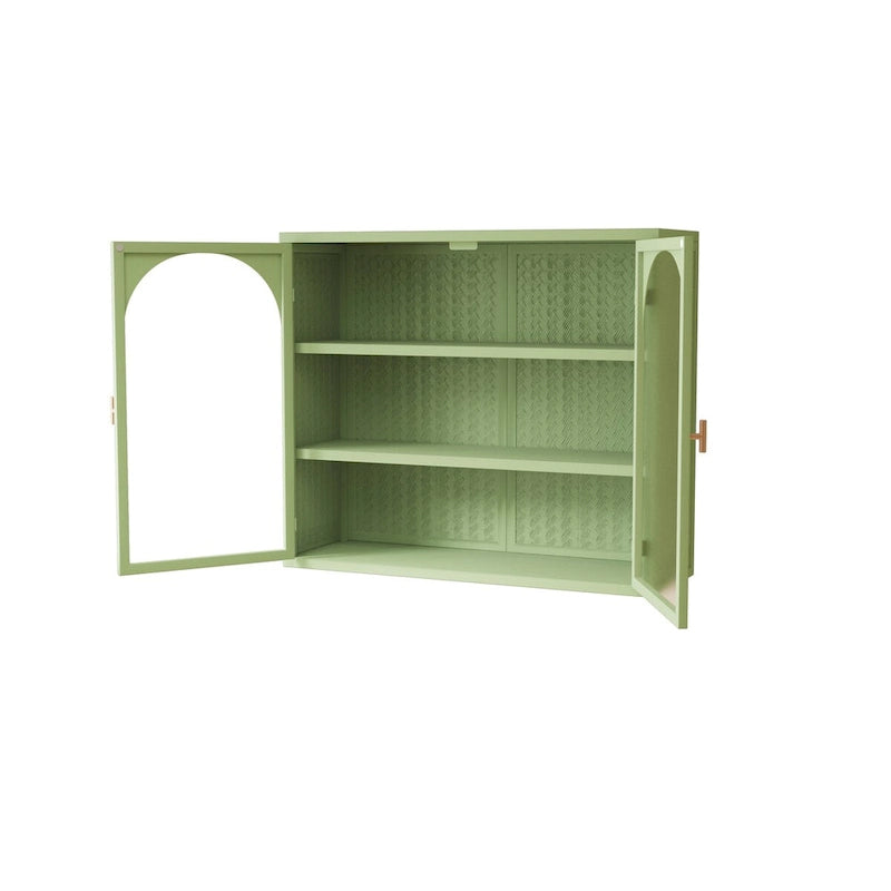Armoire vitrée 2 portes verte/blanche/noire avec motif tressé, 3 niveaux de rangement