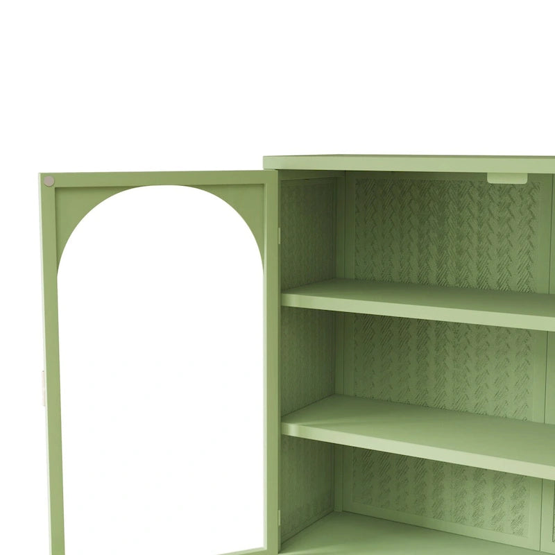 Armoire vitrée 2 portes verte/blanche/noire avec motif tressé, 3 niveaux de rangement