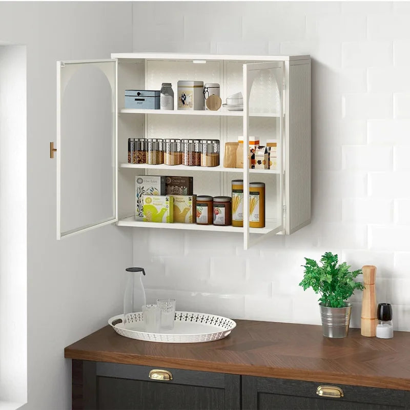 Armoire vitrée 2 portes verte/blanche/noire avec motif tressé, 3 niveaux de rangement