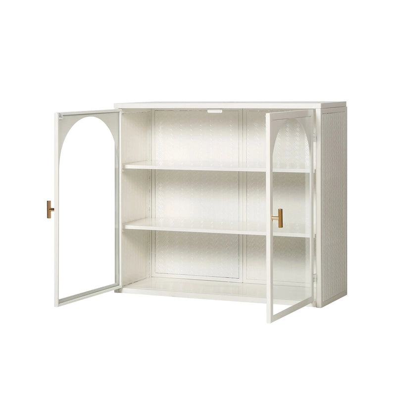 Armoire vitrée 2 portes verte/blanche/noire avec motif tressé, 3 niveaux de rangement