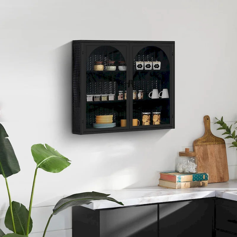 Armoire vitrée 2 portes verte/blanche/noire avec motif tressé, 3 niveaux de rangement