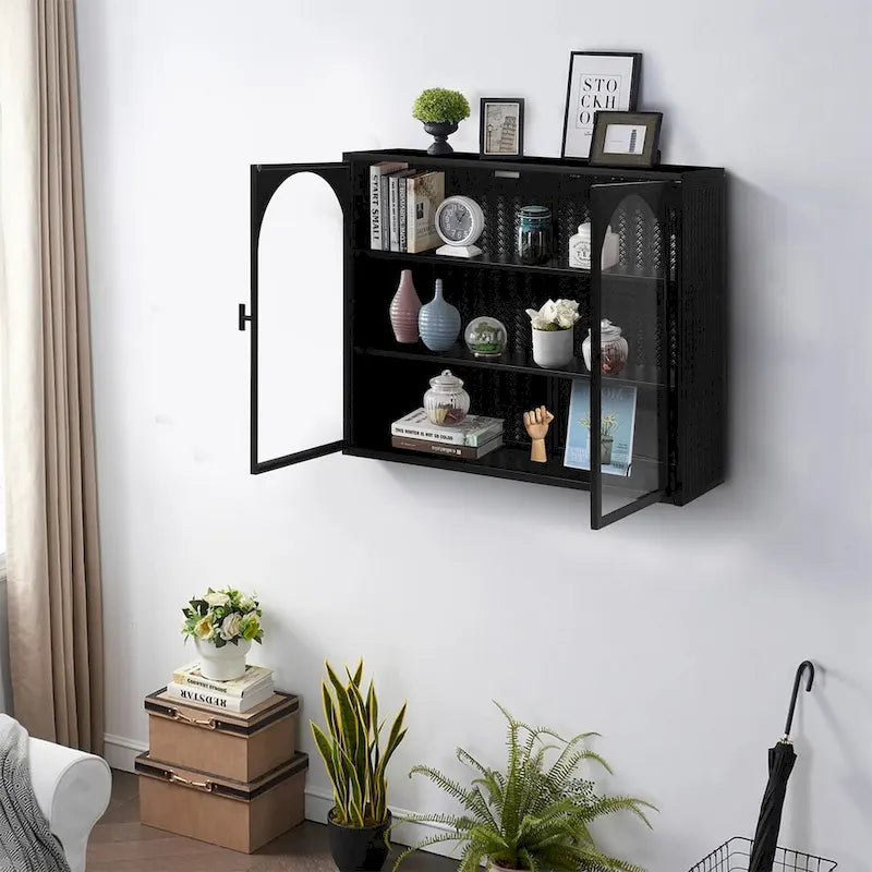 Armoire vitrée 2 portes verte/blanche/noire avec motif tressé, 3 niveaux de rangement