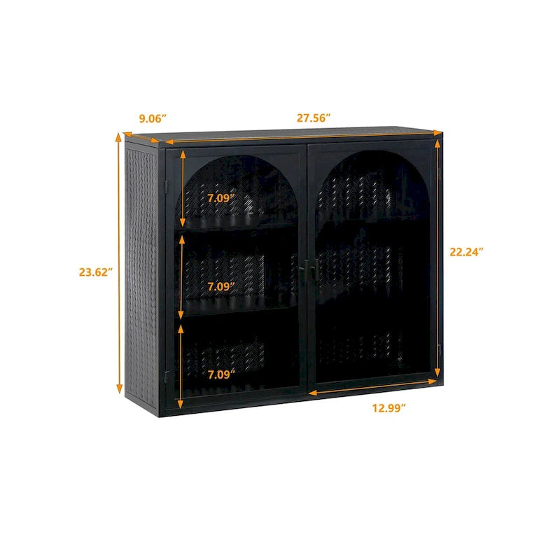Armoire vitrée 2 portes verte/blanche/noire avec motif tressé, 3 niveaux de rangement