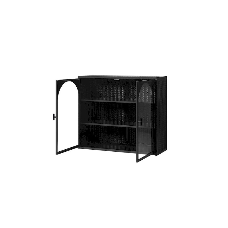 Armoire vitrée 2 portes verte/blanche/noire avec motif tressé, 3 niveaux de rangement
