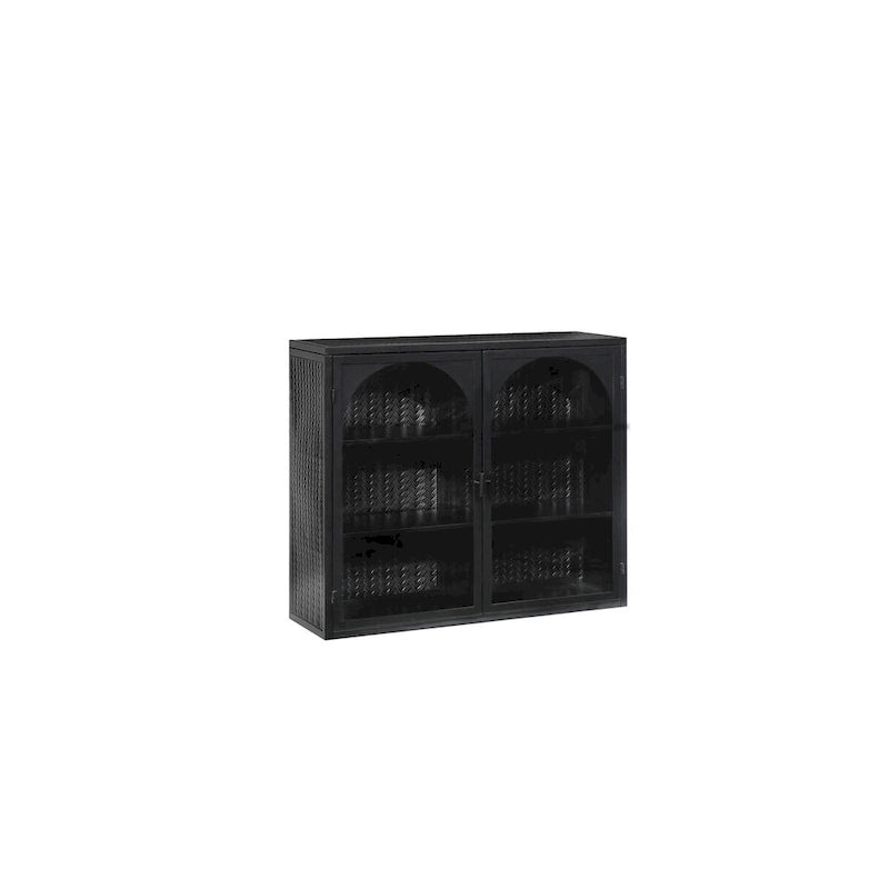 Armoire vitrée 2 portes verte/blanche/noire avec motif tressé, 3 niveaux de rangement