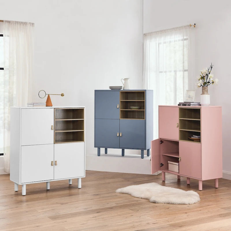Meuble de rangement avec porte et étagère ouverte (Blanc / Rose / Bleu, Simple)