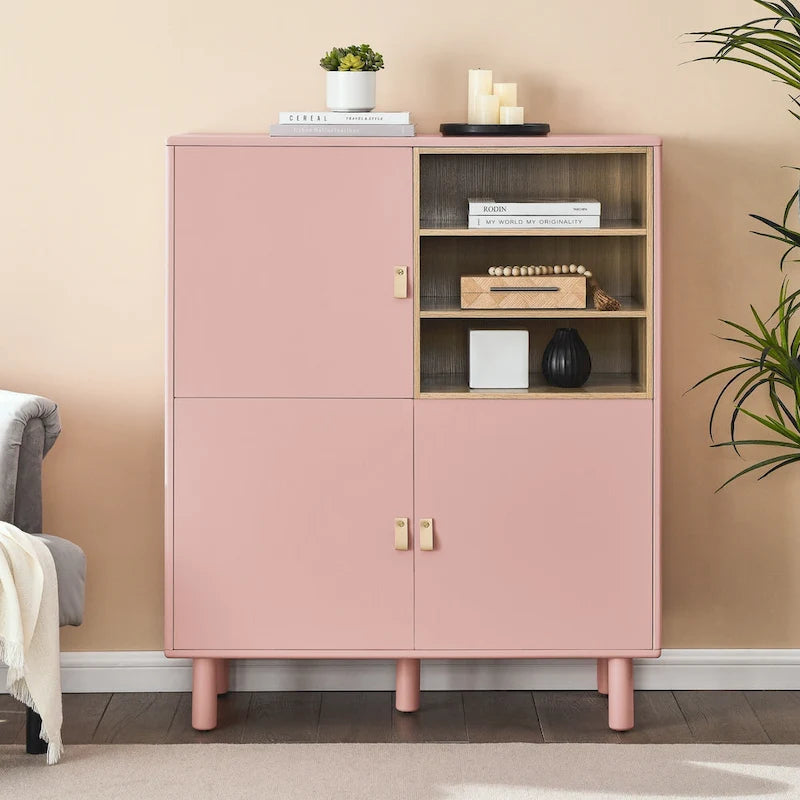 Meuble de rangement avec porte et étagère ouverte (Blanc / Rose / Bleu, Simple)