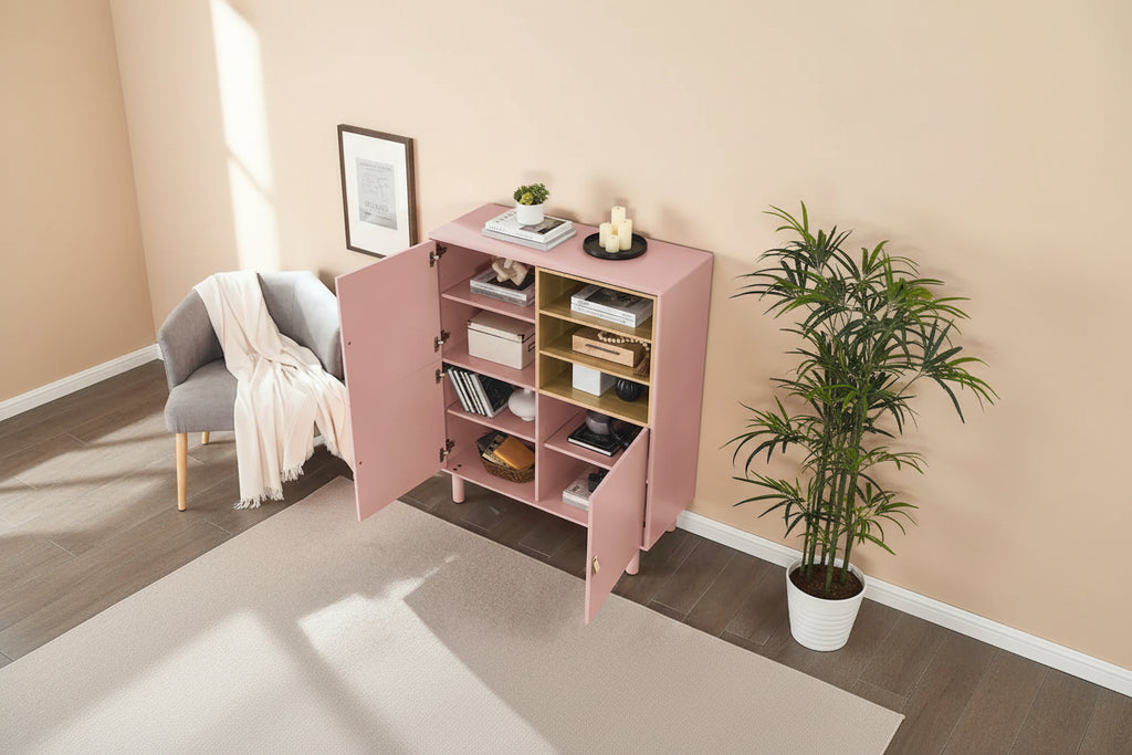 Meuble de rangement avec porte et étagère ouverte (Blanc / Rose / Bleu, Simple)
