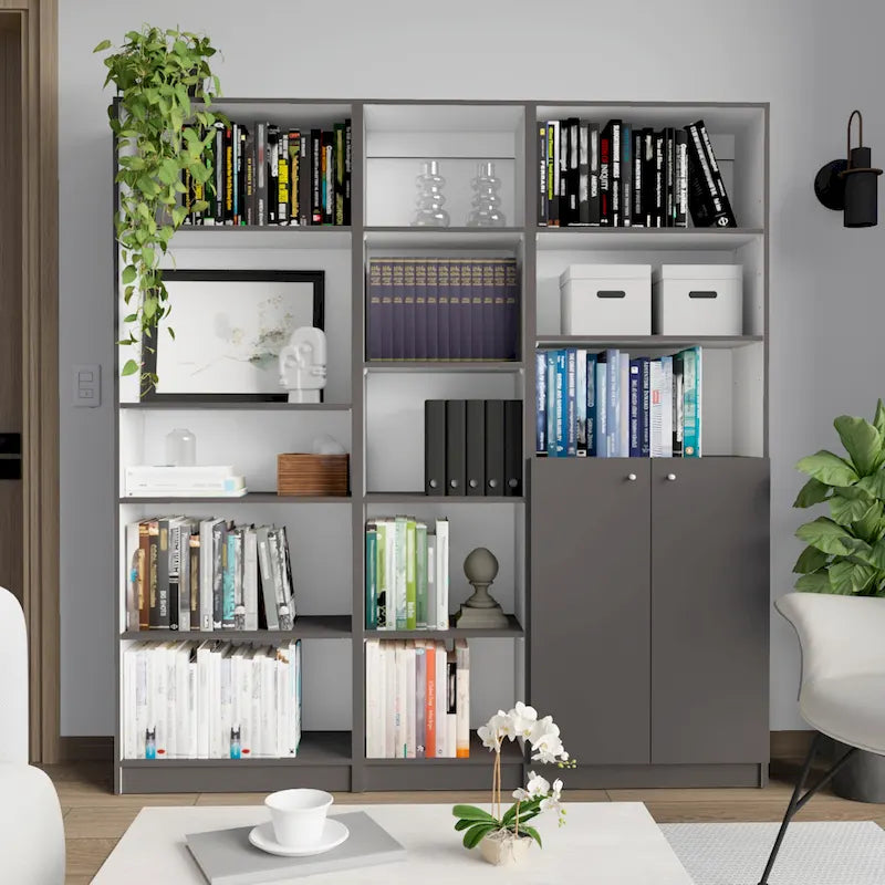 Ensemble de bibliothèque modulaire 3 pièces, Beige/Multicolore/Noir/Blanc, 13 étagères avec placard, pour 1 pièce