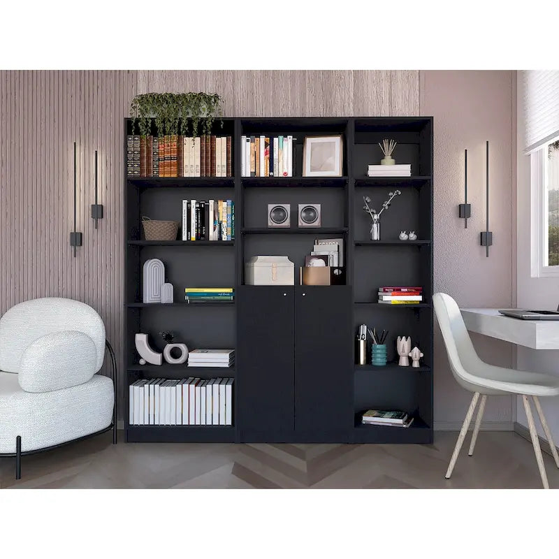 Ensemble de bibliothèque modulaire 3 pièces, Beige/Multicolore/Noir/Blanc, 13 étagères avec placard, pour 1 pièce