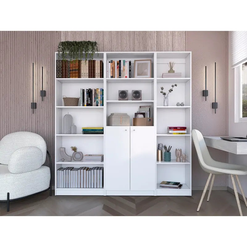 Ensemble de bibliothèque modulaire 3 pièces, Beige/Multicolore/Noir/Blanc, 13 étagères avec placard, pour 1 pièce