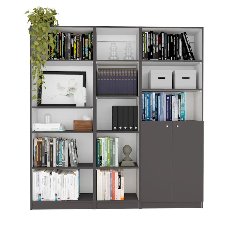 Ensemble de bibliothèque modulaire 3 pièces, Beige/Multicolore/Noir/Blanc, 13 étagères avec placard, pour 1 pièce