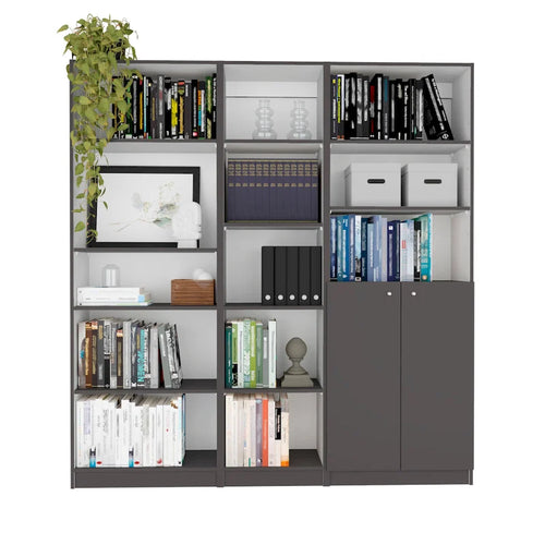 Ensemble de bibliothèque modulaire 3 pièces, Beige/Multicolore/Noir/Blanc, 13 étagères avec placard, pour 1 pièce