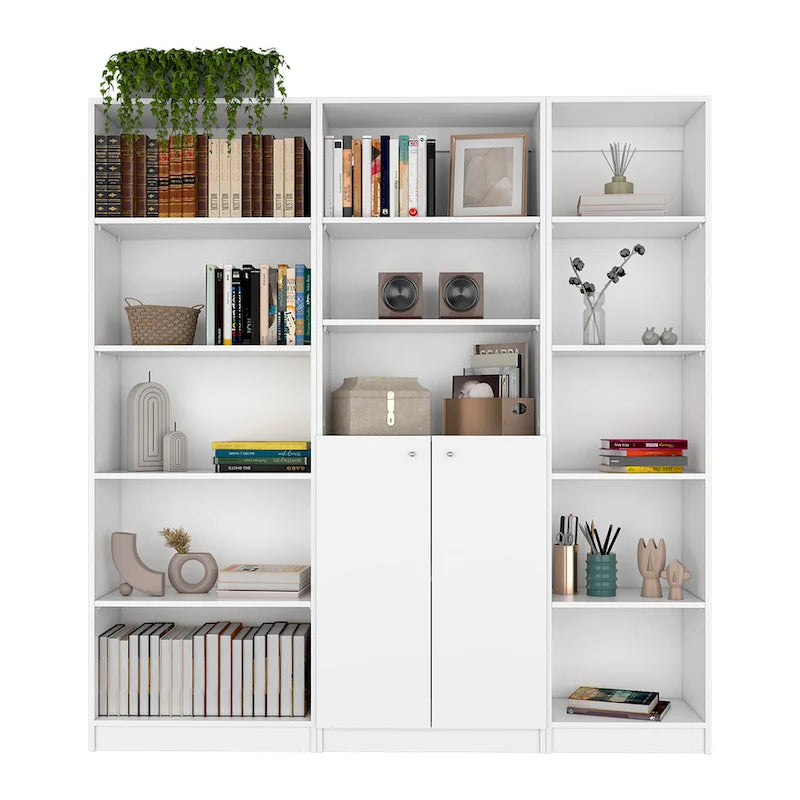 Ensemble de bibliothèque modulaire 3 pièces, Beige/Multicolore/Noir/Blanc, 13 étagères avec placard, pour 1 pièce