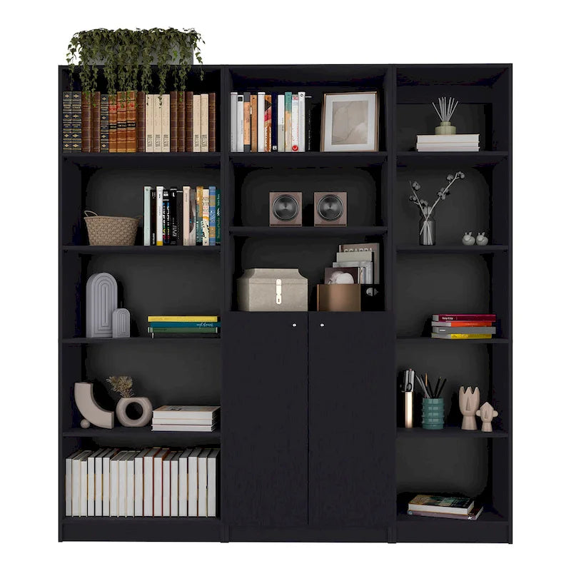 Ensemble de bibliothèque modulaire 3 pièces, Beige/Multicolore/Noir/Blanc, 13 étagères avec placard, pour 1 pièce
