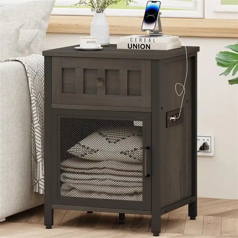 Table d'appoint de ferme brun noyer avec station de recharge, 1 personne