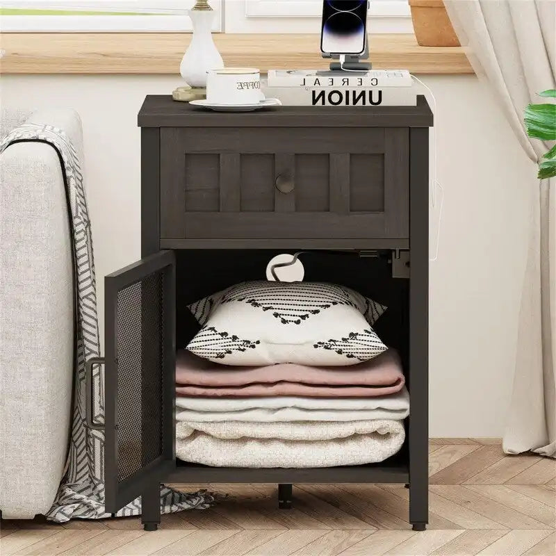 Table d'appoint de ferme brun noyer avec station de recharge, 1 personne
