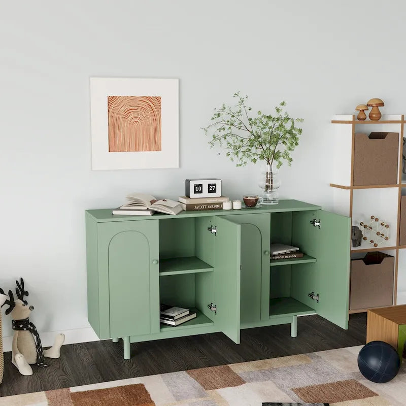 Armoire de rangement 4 portes vert menthe/blanc avec pieds en pin, individuelle