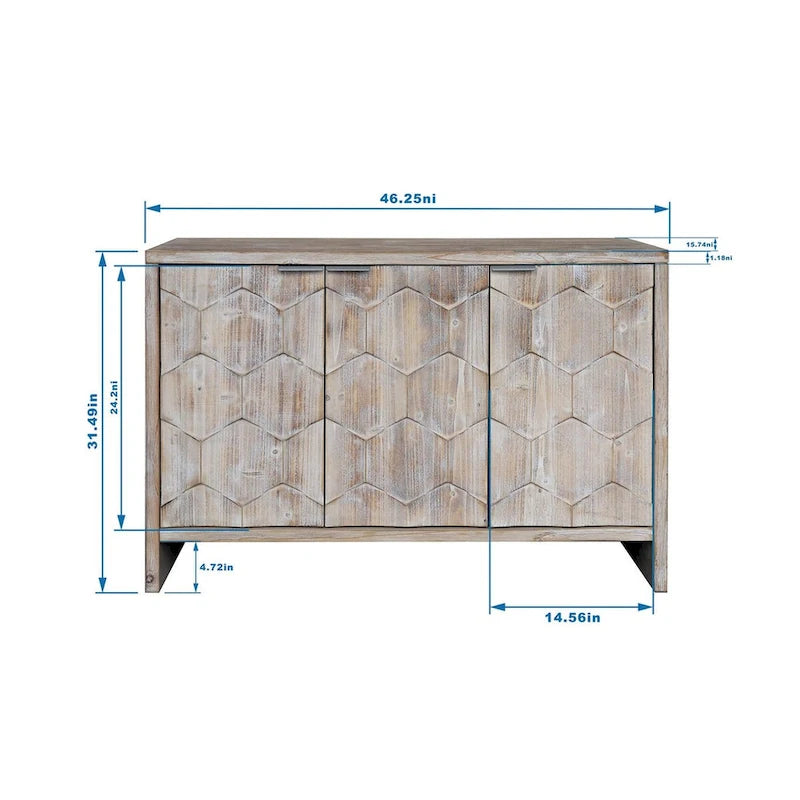 Buffet en bois naturel à 3 portes avec portes cannelées