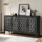 Buffet en bois sculpté floral noir antique à 4 portes, style campagnard
