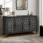 Buffet en bois sculpté floral noir antique à 4 portes, style campagnard