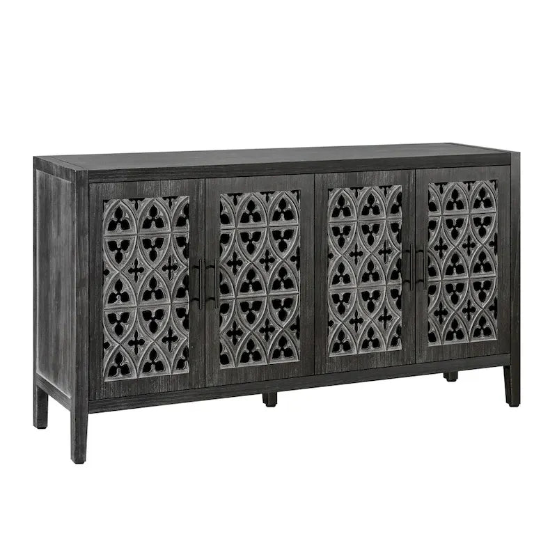 Buffet en bois sculpté floral noir antique à 4 portes, style campagnard