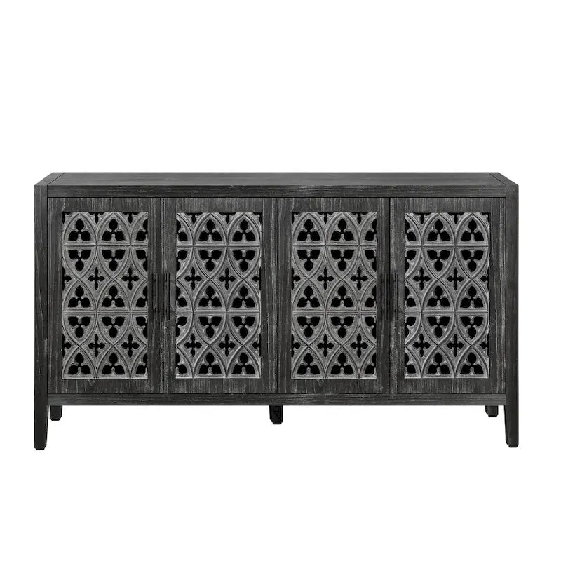 Buffet en bois sculpté floral noir antique à 4 portes, style campagnard