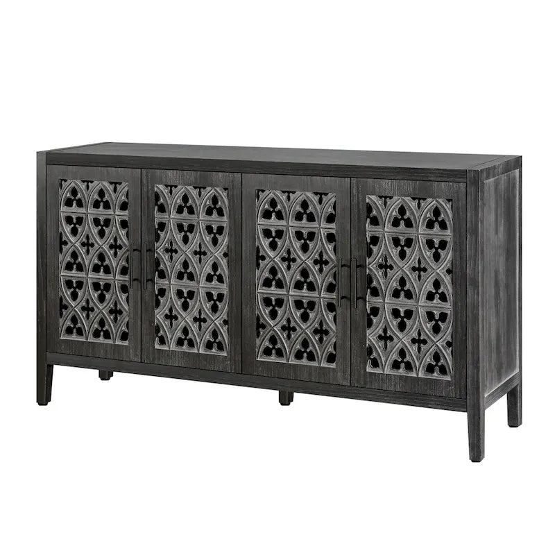 Buffet en bois sculpté floral noir antique à 4 portes, style campagnard