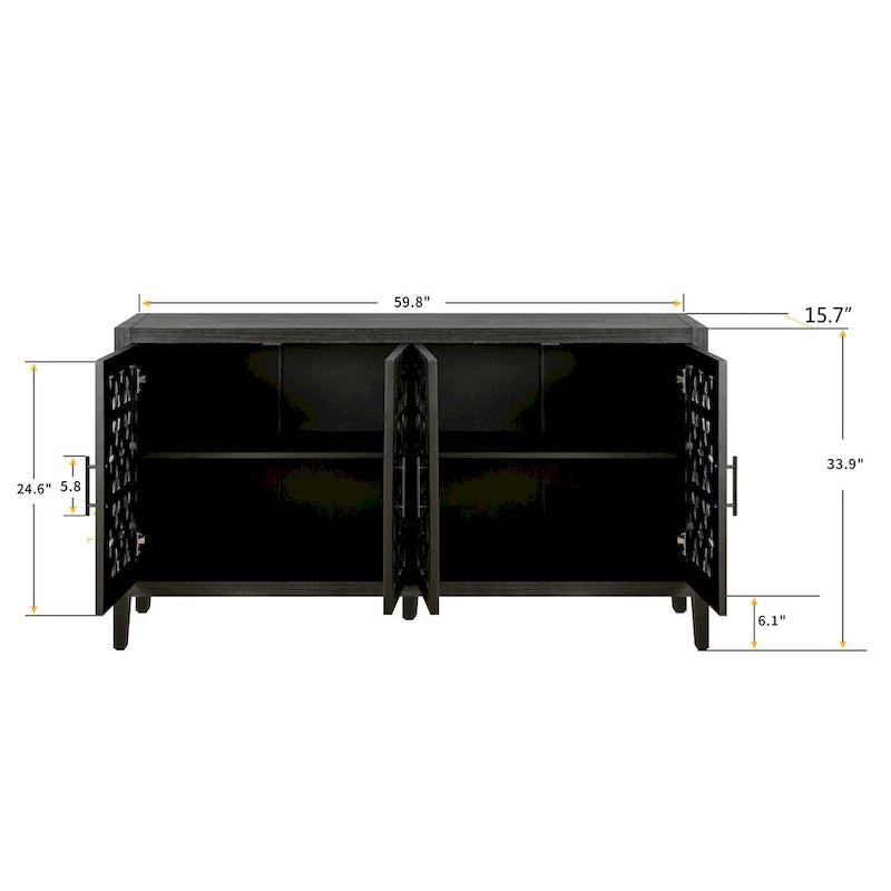 Buffet en bois sculpté floral noir antique à 4 portes, style campagnard