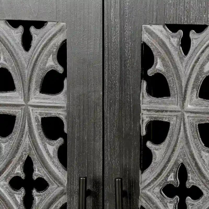 Buffet en bois sculpté floral noir antique à 4 portes, style campagnard