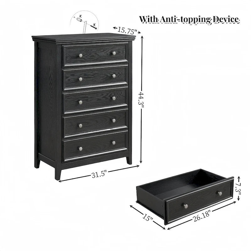Commode en bois 5 tiroirs noir/blanc, utilisateur unique