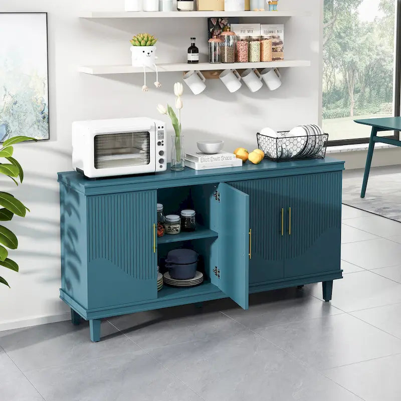 Buffet de rangement 4 portes, champagne et bleu, montage par 1 personne