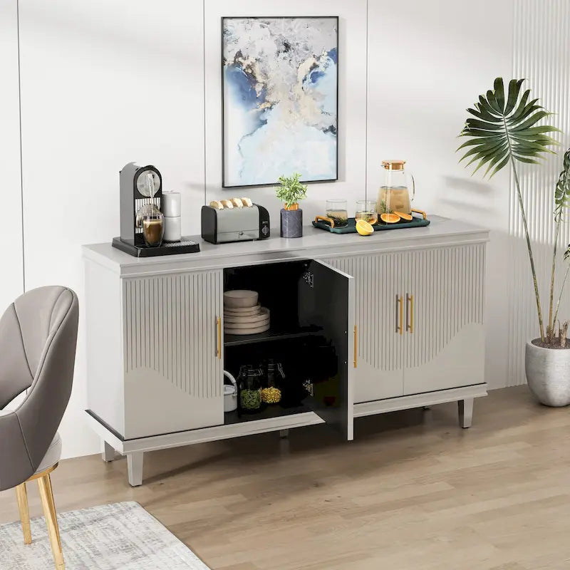 Buffet de rangement 4 portes, champagne et bleu, montage par 1 personne
