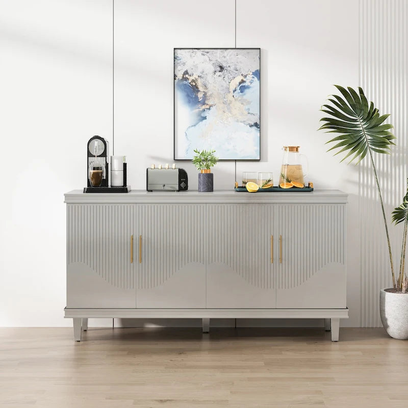 Buffet de rangement 4 portes, champagne et bleu, montage par 1 personne