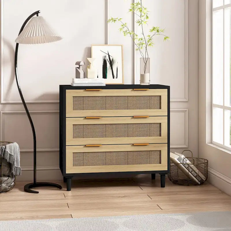 Commode de rangement à 3 tiroirs en rotin noir, simple