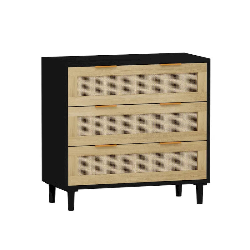 Commode de rangement à 3 tiroirs en rotin noir, simple