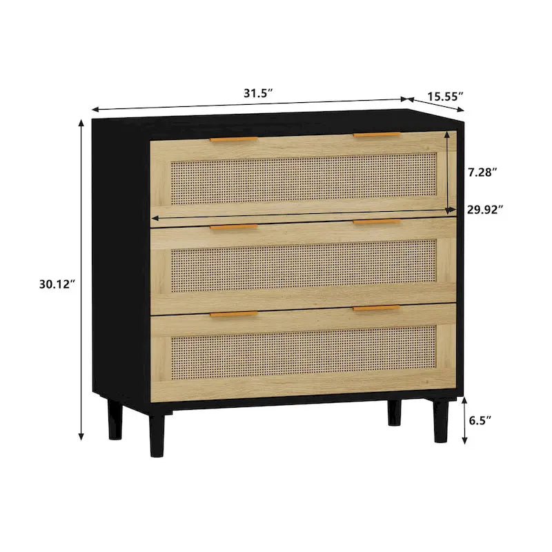 Commode de rangement à 3 tiroirs en rotin noir, simple